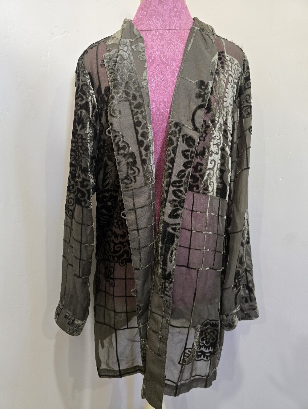 Coldwater Creek Womens M Sheer Chiffon Green Boho Patchwork Velvet Duster Top